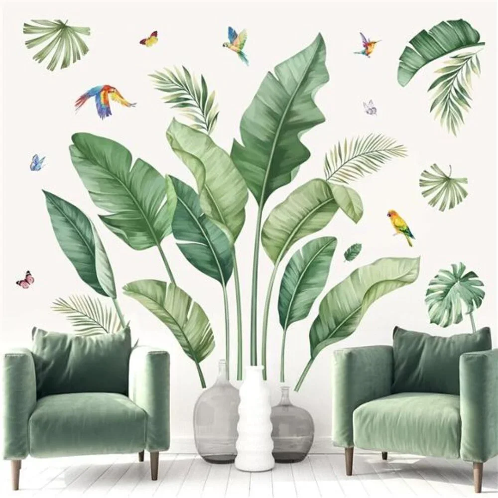 Tropical Palm Leaf Wall Decals Green Banana Leaves Nature Wall Stickers for Room